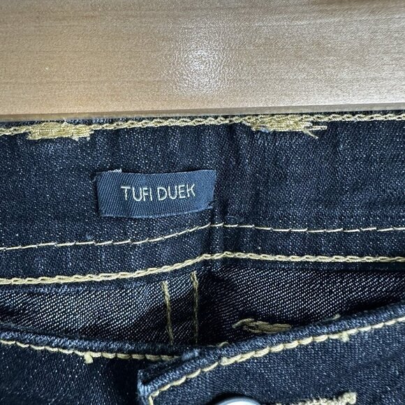 TUFI DUEK Jeans Denim Flare Leg Belted Pants Womens 42 Dark Wash Brazil Y2K 90s - Picture 2 of 13